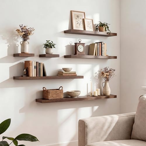 FLYJOE 30" Floating Shelves for Wall, Wooden Wall Mounted Display Shelves with Invisible Brackets Set of 2 for Living Room, Bedroom, Bathroom, Kitchen Decor and Storage, Walnut