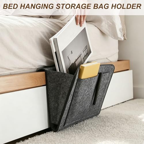 uxcell 4 Pockets Bedside Caddy, 11x3x9 Inch Felt Hanging Bedside Storage Organizer, Bed Hanging Storage Bag Holder for Magazine Book Remote Control Bed Sofa College, Gray