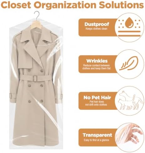 50Pcs Clear Plastic Garment Bags, 24x60 In Thick Transparent Clothing Dust Covers, Dry Cleaning Covers for Hanging Clothes, Laundry Bags Dust Proof Garment Bag for Closet Storage Travel