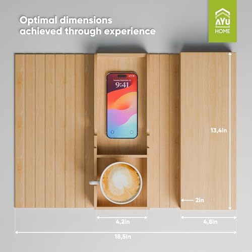AyuHome Bamboo Couch Cup Holder, Sofa Tray & Couch Armrest Table, Adjustable Anti-Slip Organizer with Side Storage Pocket for Wide Armrests (5-10in), Natural Wood Drink & Snack Caddy (Natural Color)