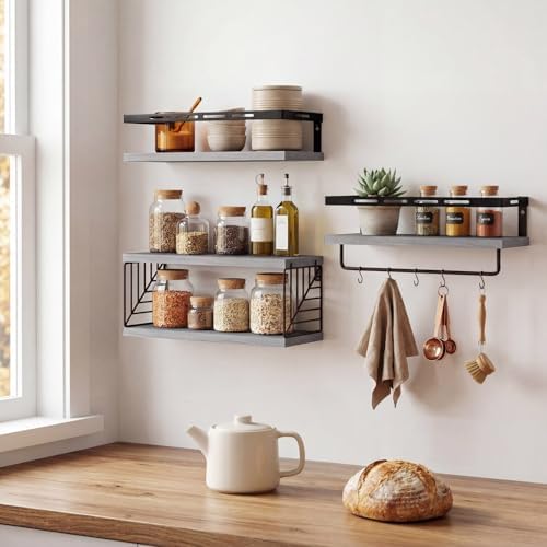 Fixwal Wall Mounted Bathroom Shelves Over Toilet (3+1 Gray) | Wall Shelf with Basket Storage , Towel Bar, Solid Wood, 22Lb Capacity, Easy DIY Install