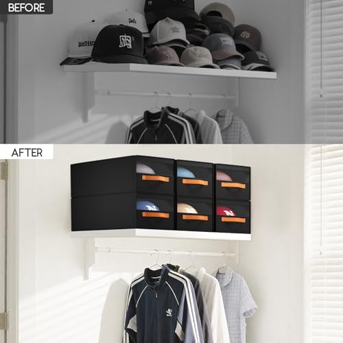Homsorout Hat Organizer for Baseball Caps - 3 Pack Pull-Out Drawer Hat Storage Organizer Box with Clear Window, Stackable Closet Cap Holder, Baseball Cap Organizer for Closet, Bedroom, Home, Black