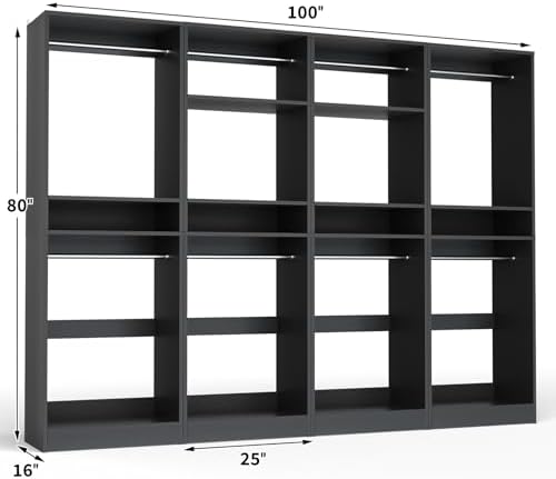 Unikito 100 Inch Large Closet System, 8.3FT Wood Closet Organizer Kit with 8 Hanging Rods, Adjustable Walk in Wardrobe Closet Tower, Sturdy Luxury Clothes Garment Rack, Easy Assembly, Set of 4, Black