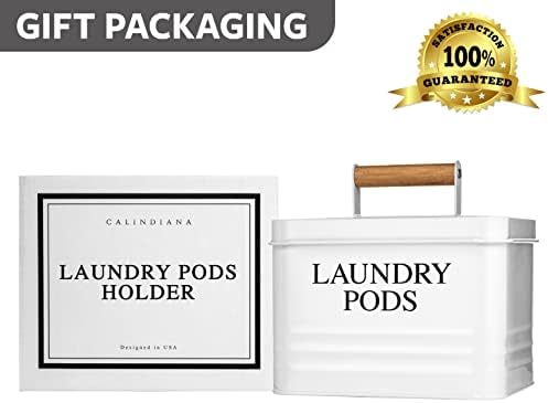 Calindiana Modern Farmhouse Metal Laundry Pods Holder Container with Lid for Laundry Room Decor and Accessories and Space Saving Organization and Storage, Holds 81 Laundry Pods, White