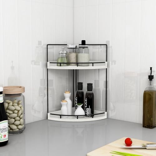 Dorhors 2-Tier Rustic White Corner Bathroom Shelf | 2-Tier Rustic White Rack Holder for Skincare,Perfume,Makeup,Lotion,Wood Sink Tray Stand for Kitchen,Restroom,Dresser
