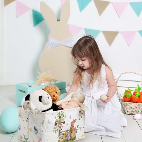 Eggs Rabbit Easter Basket, Butterfly Bow Baby Gift Basket, Cross Flower Empty Toy Nursery Bin, Large Squarecanvas Laundry Hamper With A Waterproof PECoating, Foldable girlsToy Clothes Bins for Bedroom