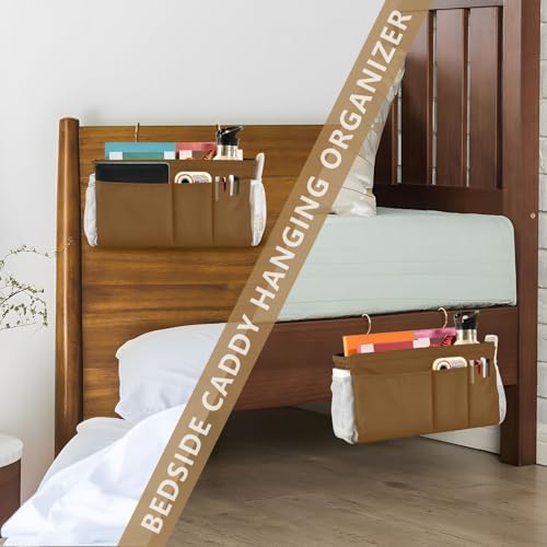 Brown Bedside Caddy Storage Bag Bedside Organizer for Bunk Bed Headboards College Organizer Caddy Hanging Shelf 6 Pockets with Hooks for Drinks Magazine Phone Holder