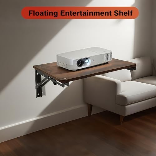 Folding Shelf Wall Mounted, 16.5inches Floating Desk for Small Space | Wooden Fold Down Projector Shelf, 2pcs Heavy-Duty Brackets Holds Up to 55lbs for Bedside, Living Room, Home Office, Kitchen