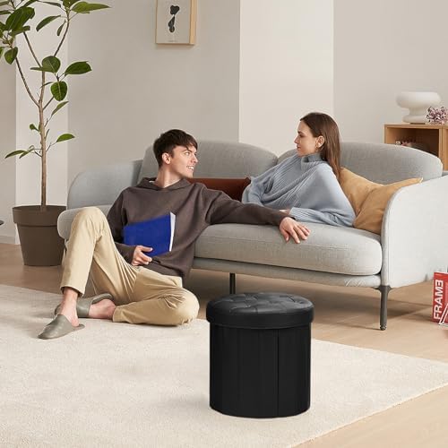 Bsketa Round Storage Ottoman, 14" Folding Leather Foot Rest Stool, Black | Round Leather Poufs with Thicker Foam Padded Seat, Living Room, Bedroom, Dorm, Entryway, Easy to install,14 x 14 x 13in