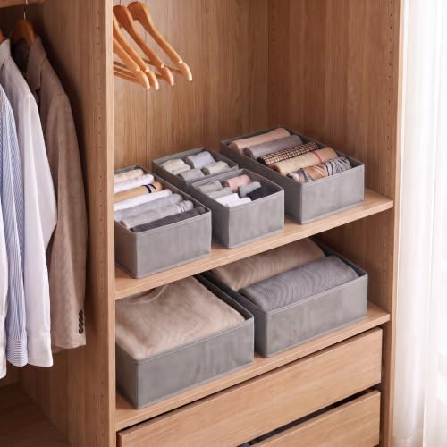 Drawer Organizer Clothes, 6 Pack Dresser Organizer Bins, Foldable Fabric Closet Organizers and Storage, Three Sizes Drawer Dividers for Baby Clothes, Underwear, Socks, Nursery, Bedroom, Gray