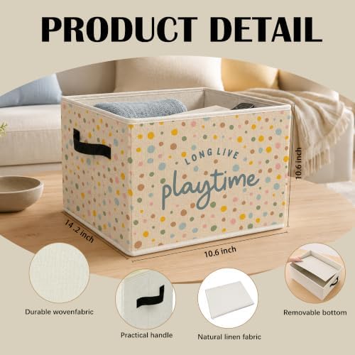 Boho Polka Dot Kids Playroom Storage Bins with Handles, Long Live Playtime Collapsible Laundry Basket Organizer for Boy Girl Nursery Room, Kids Room Decorative Storage Boxes