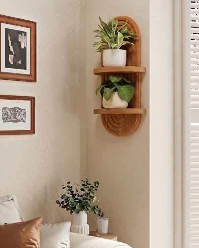 Bamworld Boho Wall Decor Brown Plant Wall Shelf Mid Century Modern Decor Hanging Plant Shelf 22in 2 Tier Wooden Floating Shelves Brown | Mid Century Modern Decor Hanging Plant Shelf Wooden Floating Shelves for Home Bedroom Living Room Holding Planter D...