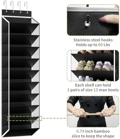 KEEPJOY 10 Tiers Mesh Over Door Shoe Organizer Storage, Hanging Shoe Holder for Door with Large Deep Pockets, Fit 20-30 Pairs Shoe Rack for Sneakers, Boots(Black)