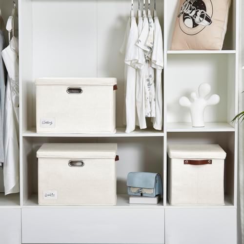 17" Large Fabric Storage Box with Lids, 3-Pack, White