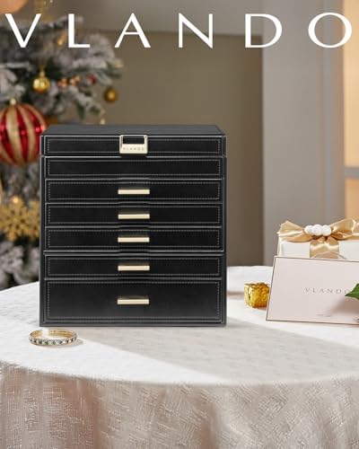 VLANDO Large Jewelry Box, 6 Layer Storage Organizer, Removable Dividers