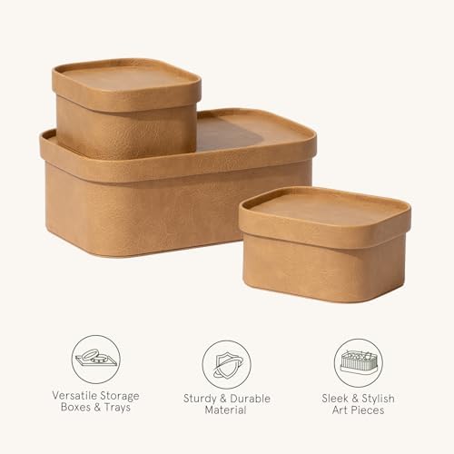 La Jolie Maison Faux Leather Decorative Storage Baskets, Camel 3 Pack | PU Leather Stroage Boxes with Lids, Organizer for Jewelry and Vanity, Shelves, Drawers, Bedroom & Closet Storage Memory Box
