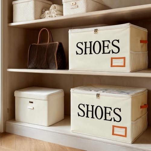 Amyhill Shoe Organizer for Closet Fits 16 Pairs Fabric Large Foldable Shoe Storage Box with Handles and Clear Cover Mesh Bags Printed SHOES Text for Closet Organizer Sneakers Heels Slippers
