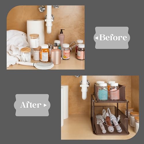Sorbus Pull-Out Under Sink Organizer, Mesh Construction (Bronze, 2 Pack) | Two-tier metal organization with strong steel and sliding drawers for bathrooms, kitchens, cabinets, closets and pantries.
