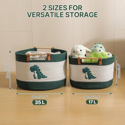 Cotton Rope Baskets for Kids Stuffed Animal Toys Storage for Nursery, Baby Baskets for Gifts Empty, Woven Basket with Wooden Handles Blanket Towel Toy 0rganizer Kids Blanket Storage Bins ( Dinosaur ďź