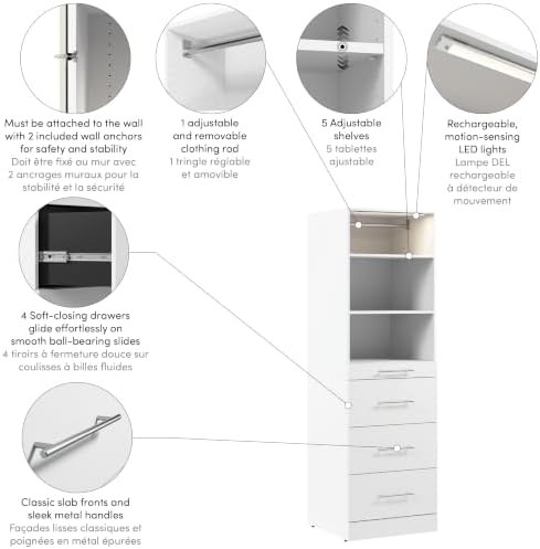 Bestar 25W x 25D Modular Closet Organizer System Tower, Reach-in Closet or Walk-in with LED Light, Shelves, and 4 Drawers, Slab Style, Florence Collection, White