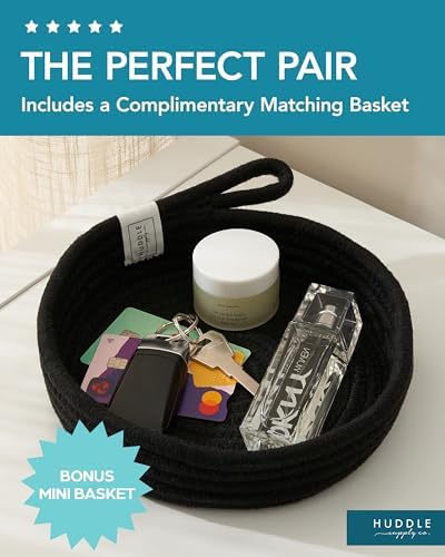 XXXXL WASHABLE Large Black Basket Blanket Basket Living Room 2PCs Toy Baskets Storage Kids Woven Rope XXX Extra Large Basket for Blankets,Pillows,Throws,Laundry + Small Basket | BIG Basket Blanket | Woven Decorative Cotton Rope Black Big Blanket Basket...