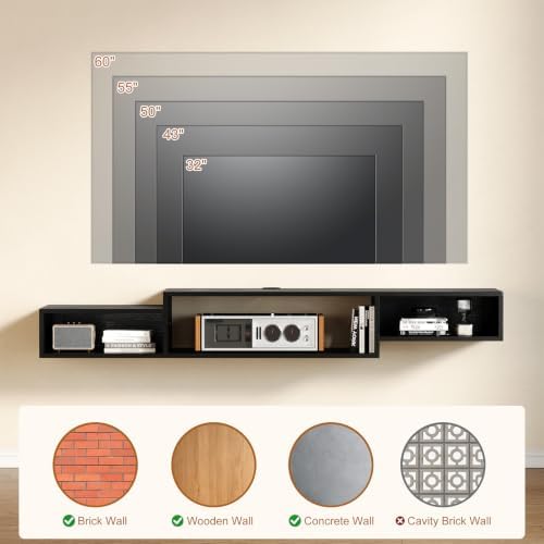 59 Inch Floating TV Stand, Wall Mounted Entertainment Center, Off Black