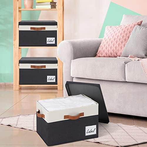GhvyenntteS Fabric Storage Bins with Lids 6 Pack, Foldable Fabric Storage Baskets with Lid and Handles, Large Closet Organizers and Storage boxes with Label for Home Office (Black, 15" x 11" x 9.7")