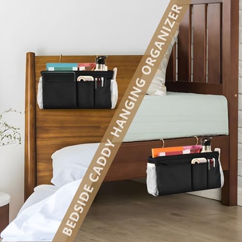 Black Bedside Caddy Storage Bag Bedside Organizer for Bed Rails College Dorm Room Organizer Caddy Hanging Shelf 6 Pockets with Hooks for Drinks Magazine Phone Holder