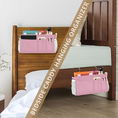 Rose Red Bedside Caddy Storage Bag Bedside Organizer for Dorm Room Top Bunk Bed Hanging Storage Organizer 6 Pockets with Hooks for Book Glasses Phone Holder