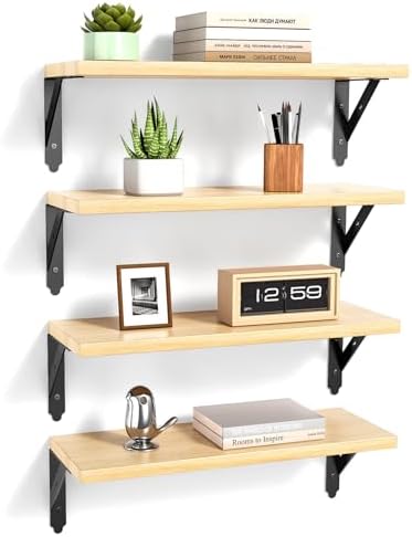 ROMGUAR CRAFT Wood Floating Shelves Set of 4, Rustic Storage Decor Wall Shelves, Wall Mounted Shelf for Living Room, Bedroom 17" x 6", Natural