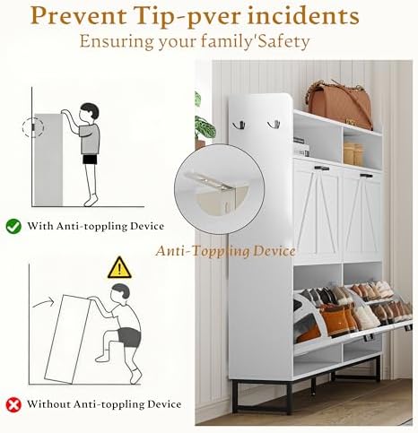 Wodeer Shoe Cabinet Storage for Entryway, Shoe Storage Cabinet with 4 Flip Drawers, Freestanding Narrow Shoe Rack Organizer with Metal Legs, Adjustable Shelves & Open Storage for Foyer, Hallway, White