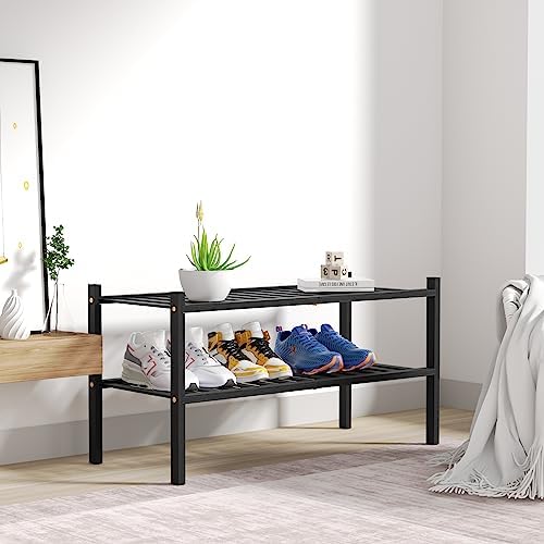 ROMGUAR CRAFT 2 Tier Bamboo Shoe Rack for Closet Free Standing Wood Shoe Shelf for Entryway Small Space Stackable 27"x11"x13" (Black)