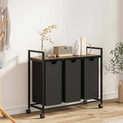 Laundry Hamper, Laundry Basket, Laundry Sorter with 3 Pull-Out and Removable Bags, Shelf, Laundry Room Storage with Table, for Bathroom, Bedroom, 3 x 11.5 Gal (43.4L), Rustic Brown