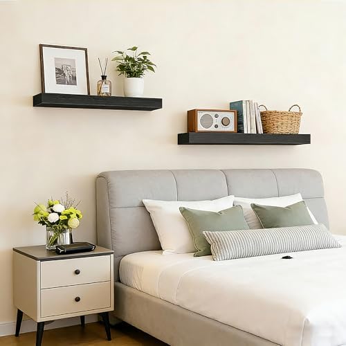 23.6"L Heavy Duty Solid Wood Core Floating Shelves, Black, Set of 2