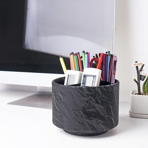 Round Leather Art Supply Organizer,Remote Control Holder,360 Degree Spinning,Multi-Functional Pencil Holder,4 Compartments Desktop Stationary Organizer(1-Hill Black)