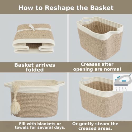 XUANGUO Woven Cotton Rope Storage Basket with Handles 13x10x9 inch