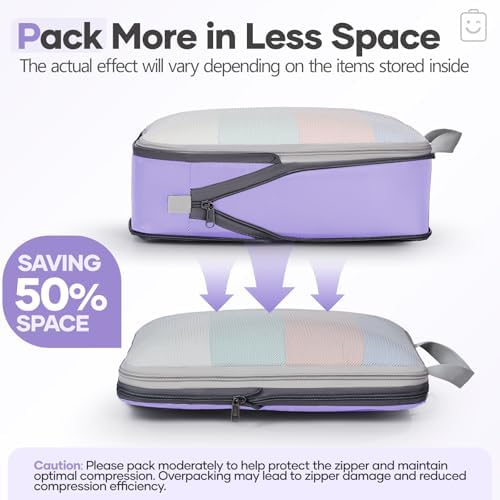 Veken 11 Set Compression Packing Cubes Garment Bags for Travel Essentials,Compressible Expandable Luggage Organizer Bags for Clothing,Space Saver Bags with Over 1000 pcs of Mesh Holes(Light Purple)