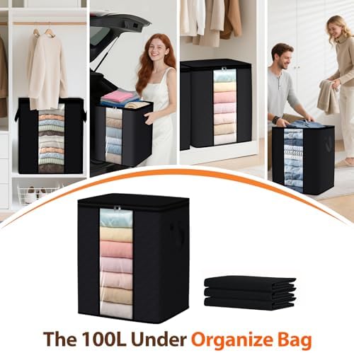 SpaceWhisper 3 Pack 100L Clothes Storage, Foldable Storage Bags, Black