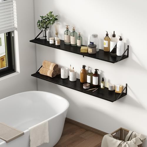 Fun Memories Deep Floating Shelves, 55W x 12D Floating Shelves for Wall, Wood Black Floating Shelf with Bracket, Wide Display & Storage Wall Shelves for Living Room, Bedroom,