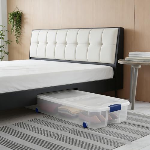 (2 pack) 66 Quart Clear Underbed Storage Bin with Wheels, Plastic Latching Lid Container, Blue Latches