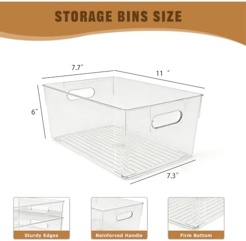 6 Pack Thick Clear Stackable Storage Bins, Cabinet Organizer, Plastiic Containers with Handle for Kitchens, Bathrooms and Fridge and Desktop