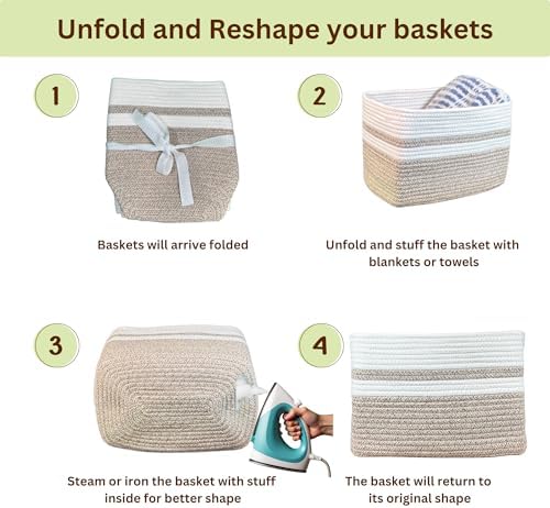 Cotton Rope Baskets for Organizing and Storage, Woven Decorative Baskets for Shelves, Books, Closets. Storage Bins for Living Room, Bedroom | Pack of 3 | Beige