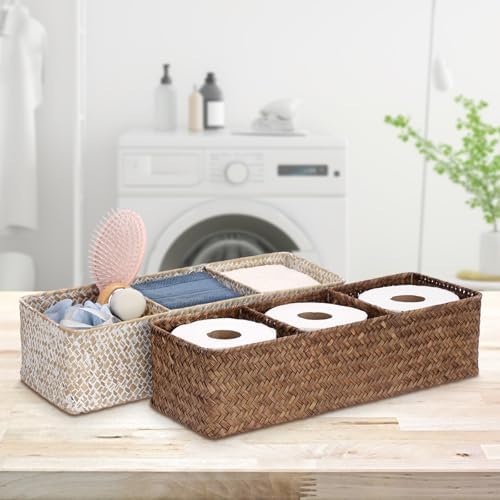 Hipiwe Handwoven Seagrass Storage Basket 3 Sections Toilet Tank Paper Basket Wicker Shelf Basket for Pantry Kitchen Living Room Home Decor, Whitewash