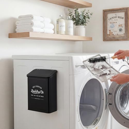 MONJITA Magnetic Lint Bin for Laundry Room, Wall Mounted Lint Trash Can with Lid for Dryer, Laundry Room Organization and Storage with Brush(Black)