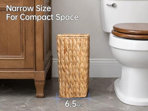 Coeusy 3 Gallon Wicker Trash Can,Small Bathroom Trash Can with Lid,Natural Water Hyacinth Wicker Waste Basket for Bedroom,Toilet,Narrow Garbage Can with Removable Liner