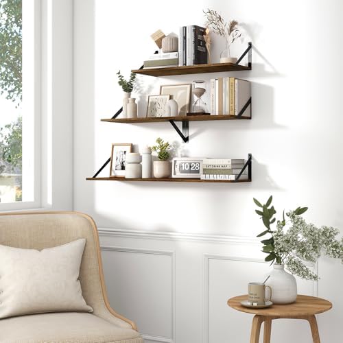 Fun Memories Deep Floating Shelves for Wall, 16W x 8D Wall Mounted Shelves Set of 2, Wide Display Ledge Shelf with Sturdy Metal Brackets for Living Room, Bathroom, Bedroom and Kitchen, Rustic Brown