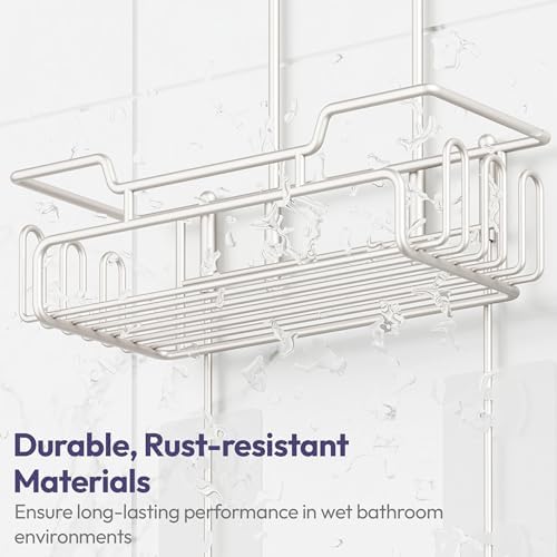 SWTYMIKI Bathroom Shower Caddy Hanging - Extended Length 2 Tier Rustproof Over Shower Head Organizer, No Drilling Bathroom Shelf with 14 Hooks & Soap Holder, Anti-Swing Rack, Sand Nickel