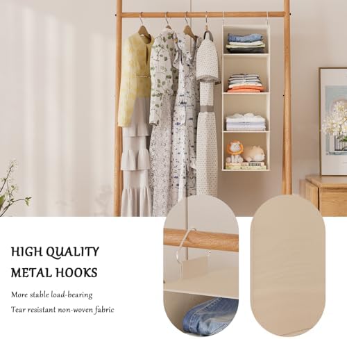 Hanging Closet Organizer and Storage with Bamboo Shelves - Foldable Storage for Clothes, Towels, Accessories | Space Saving, No Assembly Needed (Beige)