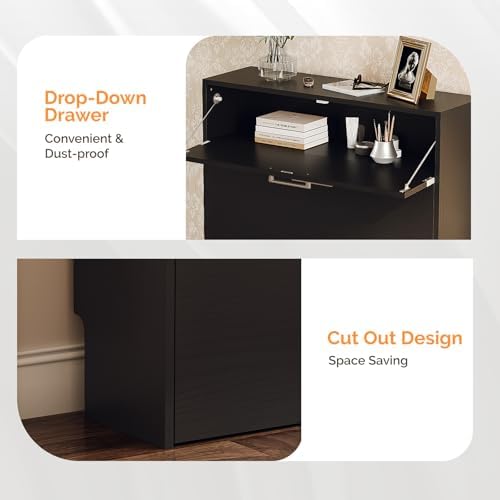VINGLI Set of 2 Black Shoe Cabinet for Entryway, 2-Pack 31.5" W Extra Wide Slim Shoe Organizer with 2 Flip & 1 Drop-Down Drawers, Modern All-Black Shoes Rack, Narrow Freestanding Cabinet for Hallway