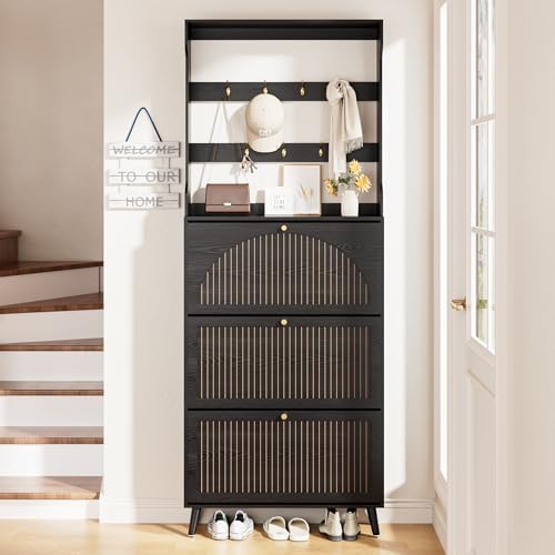 81.8'' Tall Shoe Cabinet with Coat Rack, Narrow Shoe Storage Cabinet with 3 Flip Drawers, 2-in-1 Hall Tree Slim Freestanding Shoe Rack Organizer for Entryway (Black, 3 Drawers- 81.88''H)